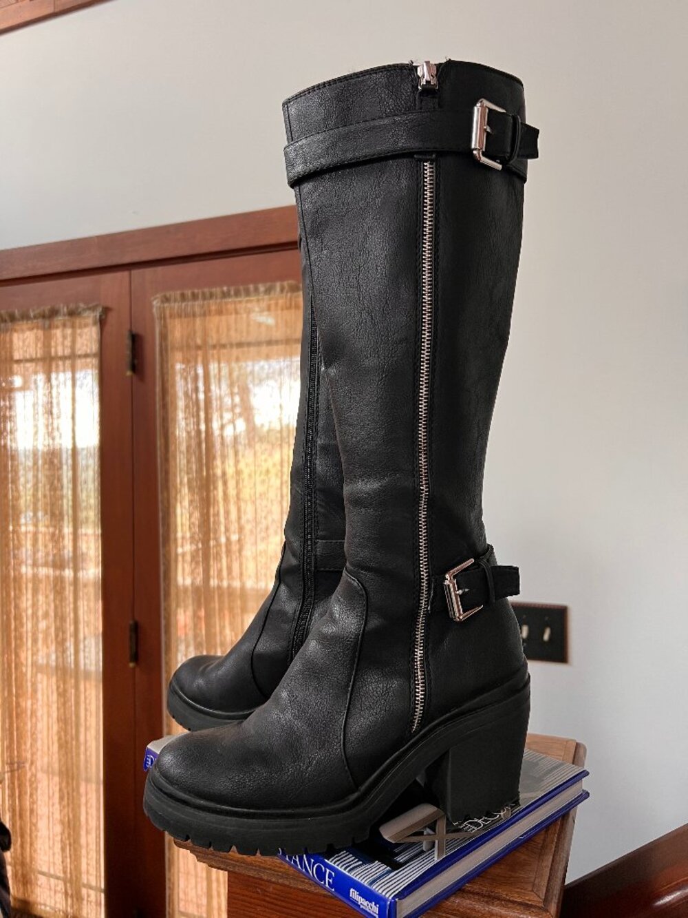 Mix No. 6 Black Boots Biker Moto Tall Boots 100% Leather Upper Womens 9.5 M